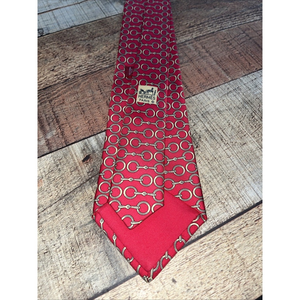 "Hermes Paris Snaffle Bit Red Gold Silk Tie" - Picture 3 of 3